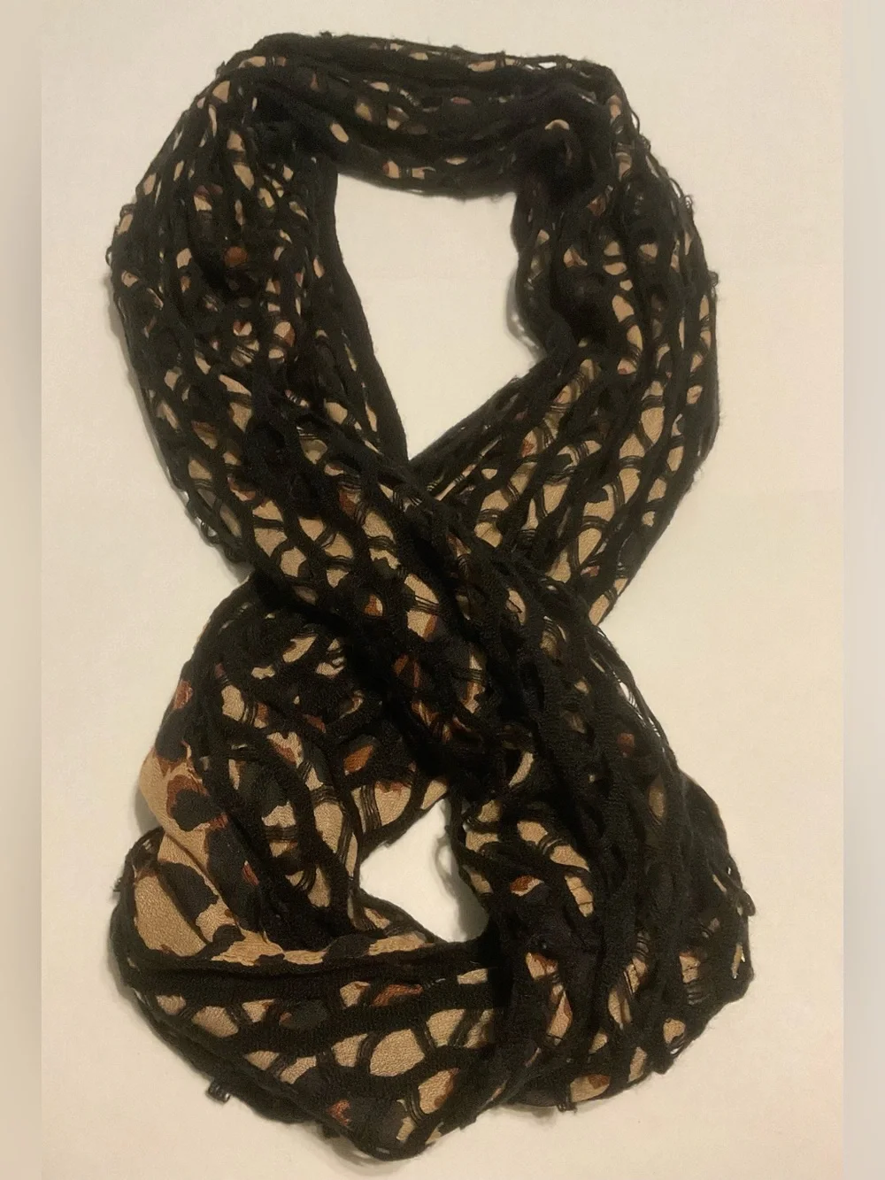 Women Black Leopard Print Lace Overlay Infinity Scarf Lightweight 32x18